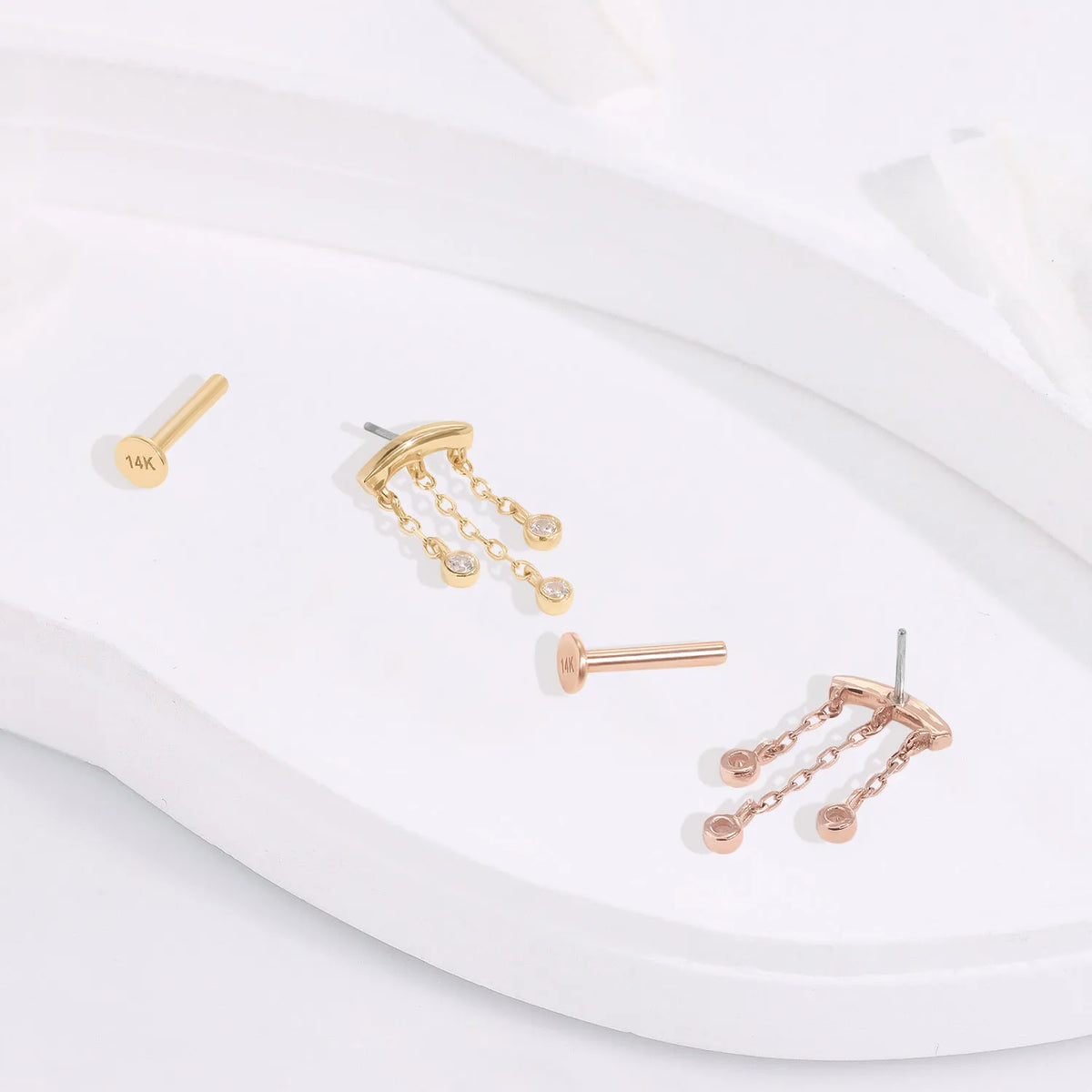 14K solid gold floating helix piercing stud with CZ and chains threadless labret stud