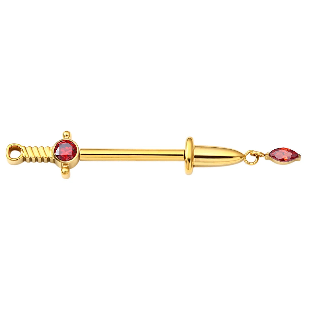 Piercing de téton en forme d'épée avec pierres précieuses rouges, barres de téton en forme d'épée, anneaux de téton en titane sexy et mignons, 2 pièces