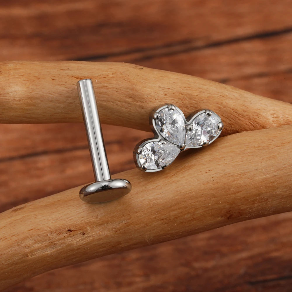 Gold ashley piercing with three diamonds ashley labret piercing titanium lip piercing stud 16G