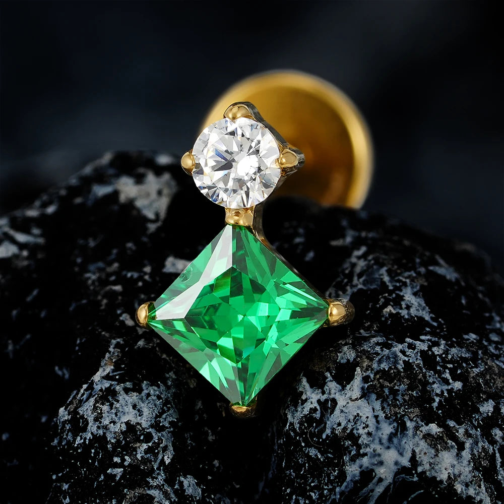 Boucle d'oreille à tige verte avec diamant vert cz clou de nez vert clou en titane Piercing d'oreille 16G