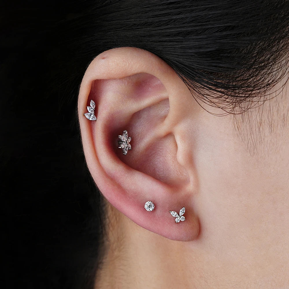 Diamond labret stud with three marquise clear cz stones titanium cluster ear stud