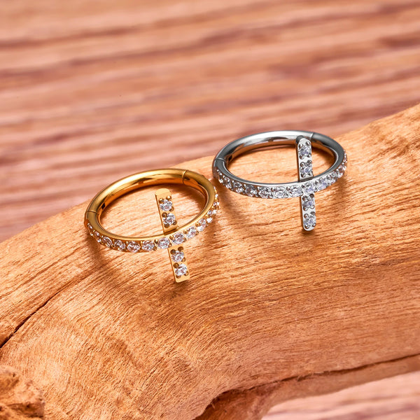 Conch piercing hoop with a cross and clear cz stones