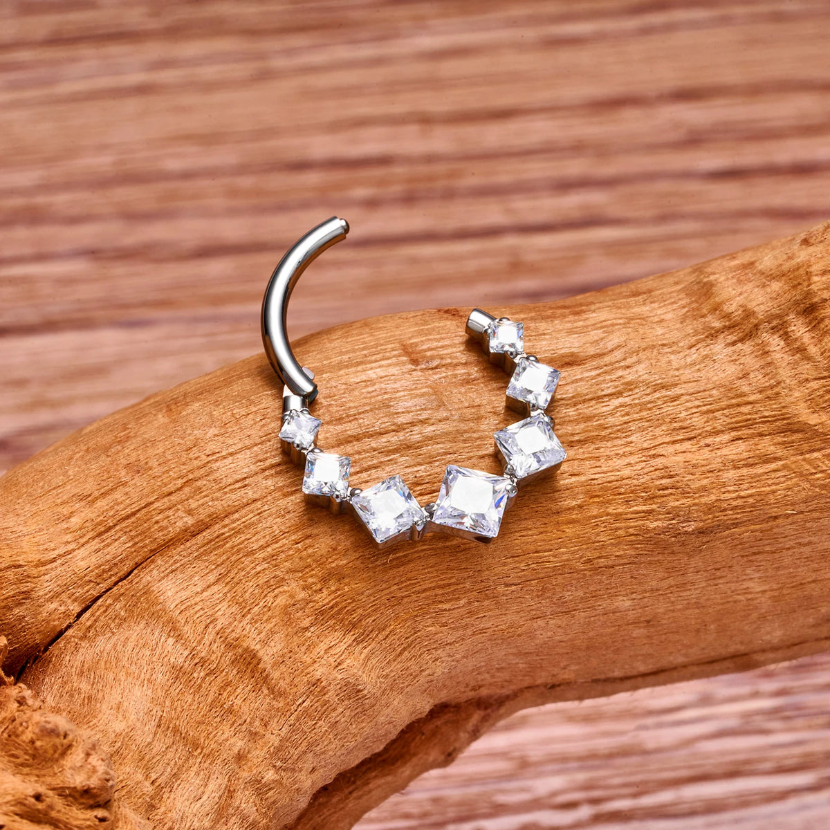 Gold daith earring with square clear pink or blue cz stones made of titanium in silver color 16G