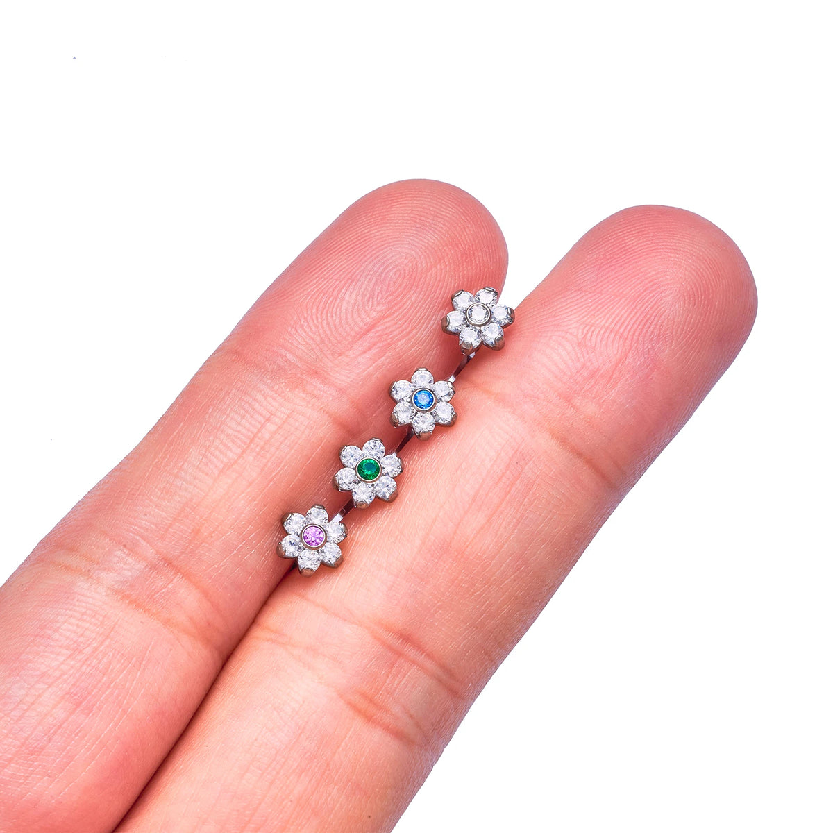 Flat cartilage piercing in a flower shape with colorful cz titanium labret stud 16G