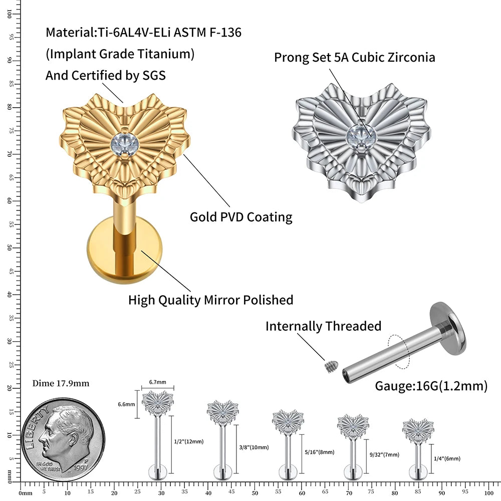 Implant grade titanium stud earring heart-shaped flat back 16G gold silver