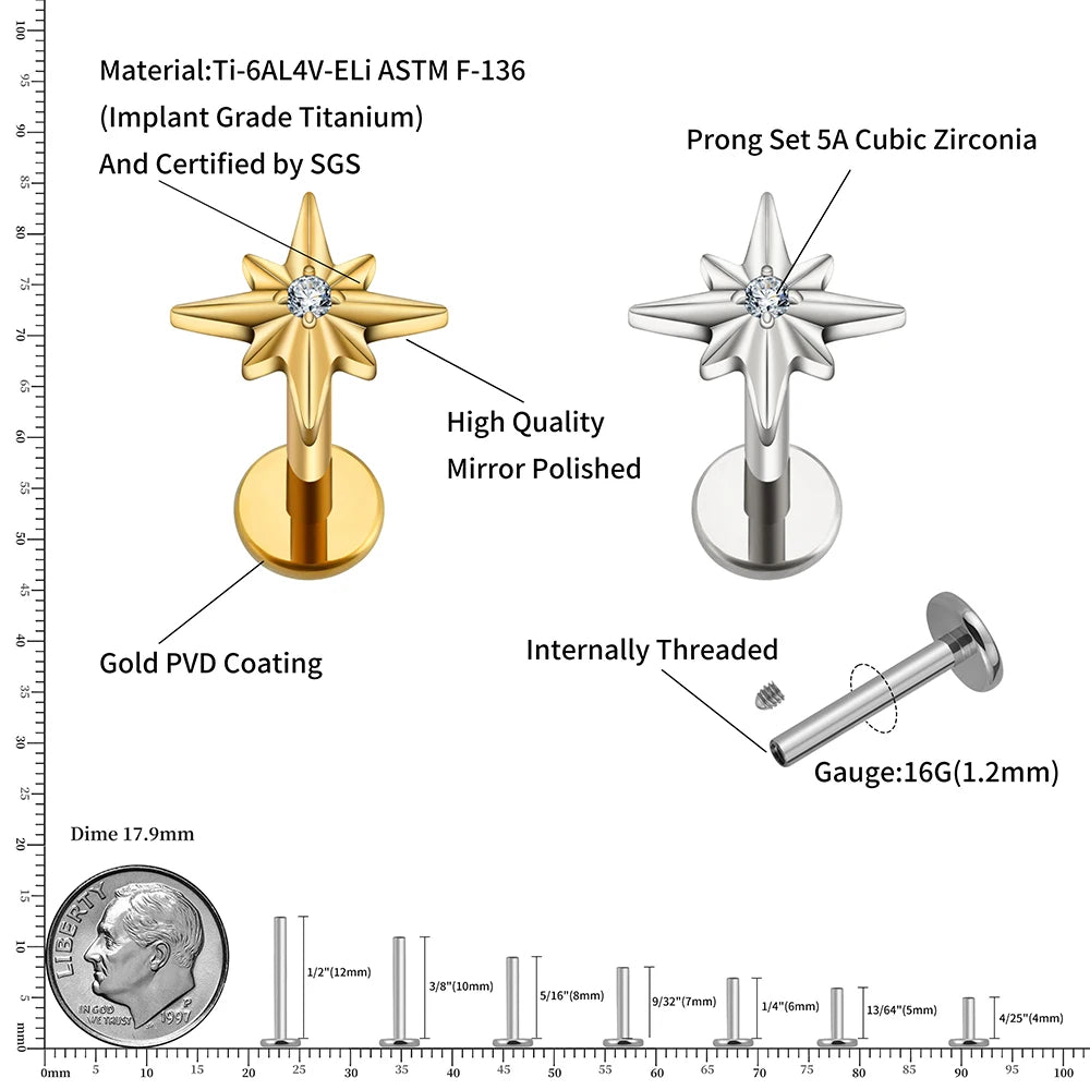 Innerer Conch-Ohrstecker mit einem Stern und einem Diamanten mit flacher Rückseite aus 16-Gauge-Gold-Silber-Titan