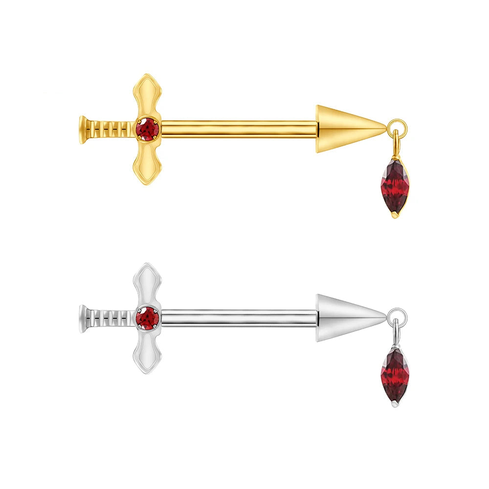 Sword nipple piercing with red stones sword nipple bars cute sexy titanium nipple ring