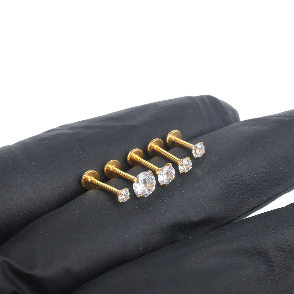 Diamanten labret stud labret neuspiercing met platte achterkant en helder kristal 16G titanium van implantaatkwaliteit