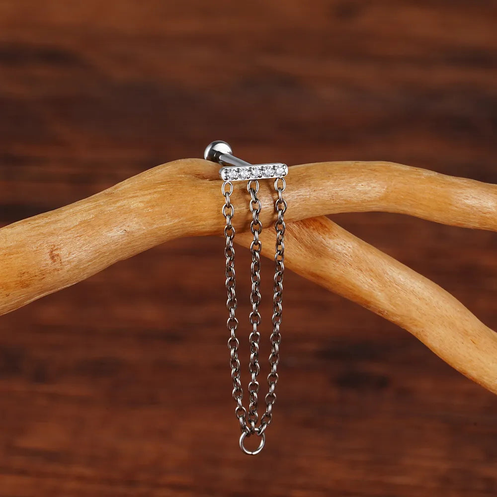 Pendiente de cadena de caracola con tres cadenas y diamantes, perno de caracola de titanio 16G con parte posterior plana y cadena