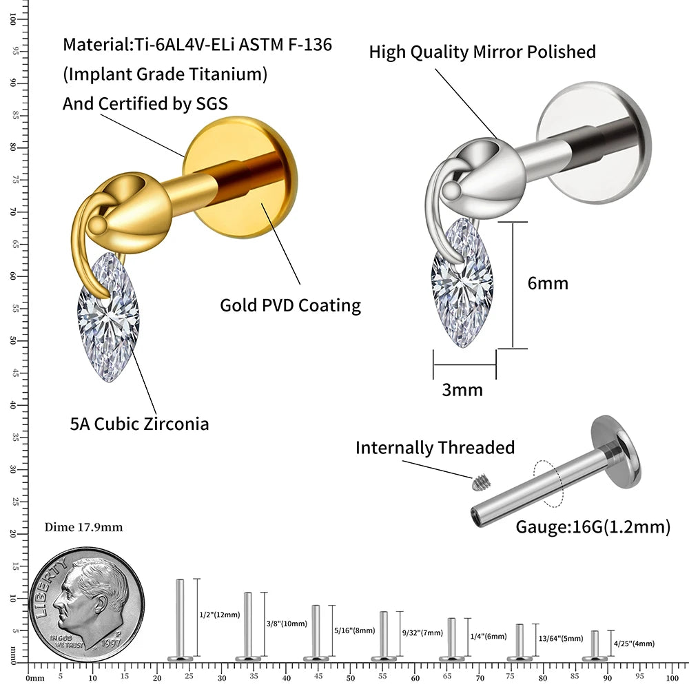 Dangle helix piercing met heldere CZ titanium druppeloorbel 16G conch piercing