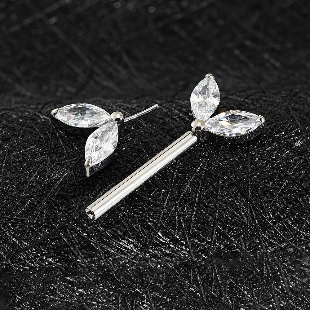 Pen brystvorte-stang med to marquise klare diamant cz-stener på hver side titan
