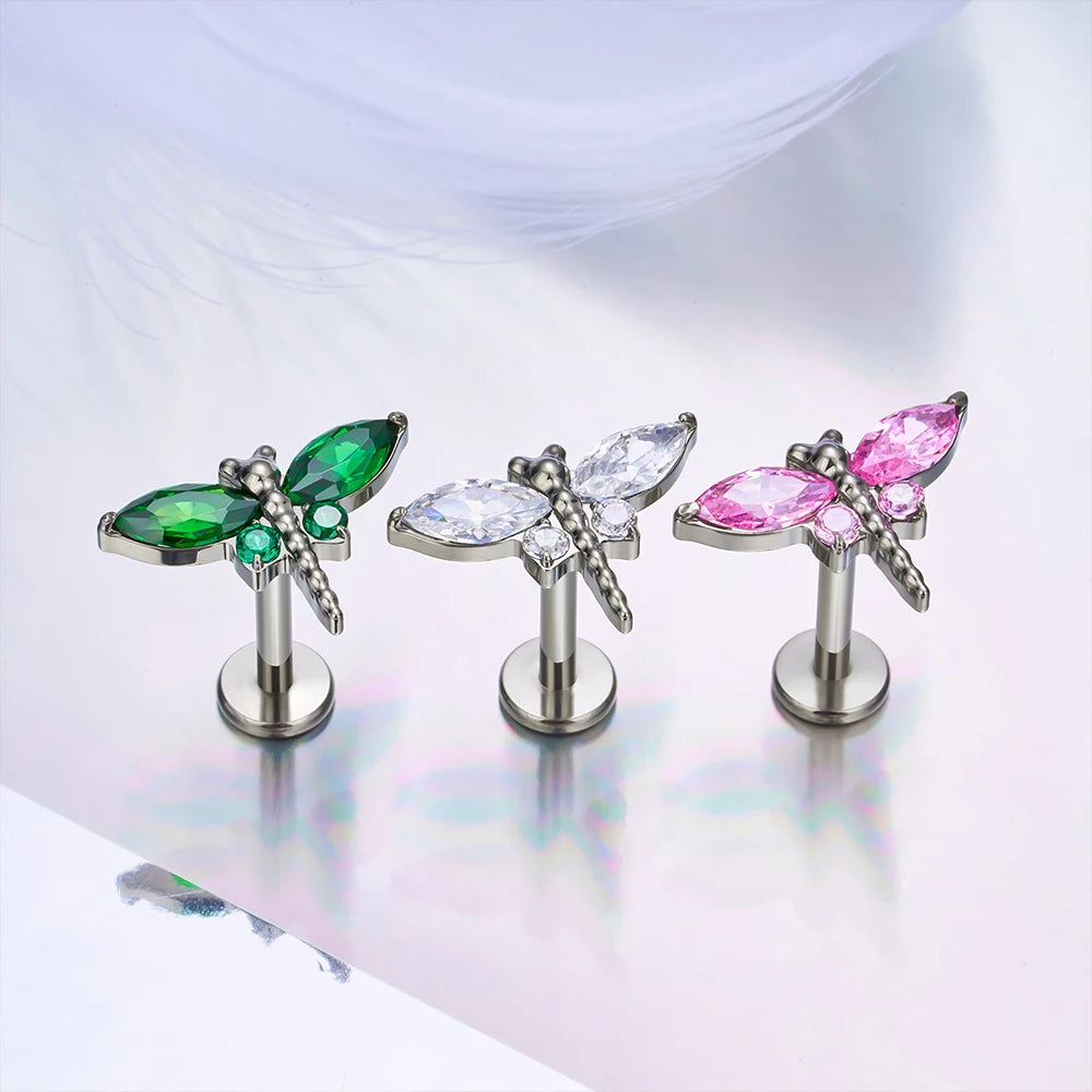 Dragonfly stud oorbel neus stud titanium piercing stud met helder roze of groene diamanten