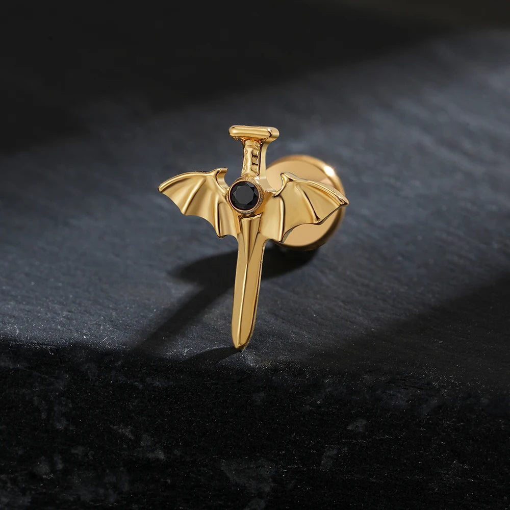 Sword ear piercing with bat wings and a black stone titanium gothic cool halloween jewelry