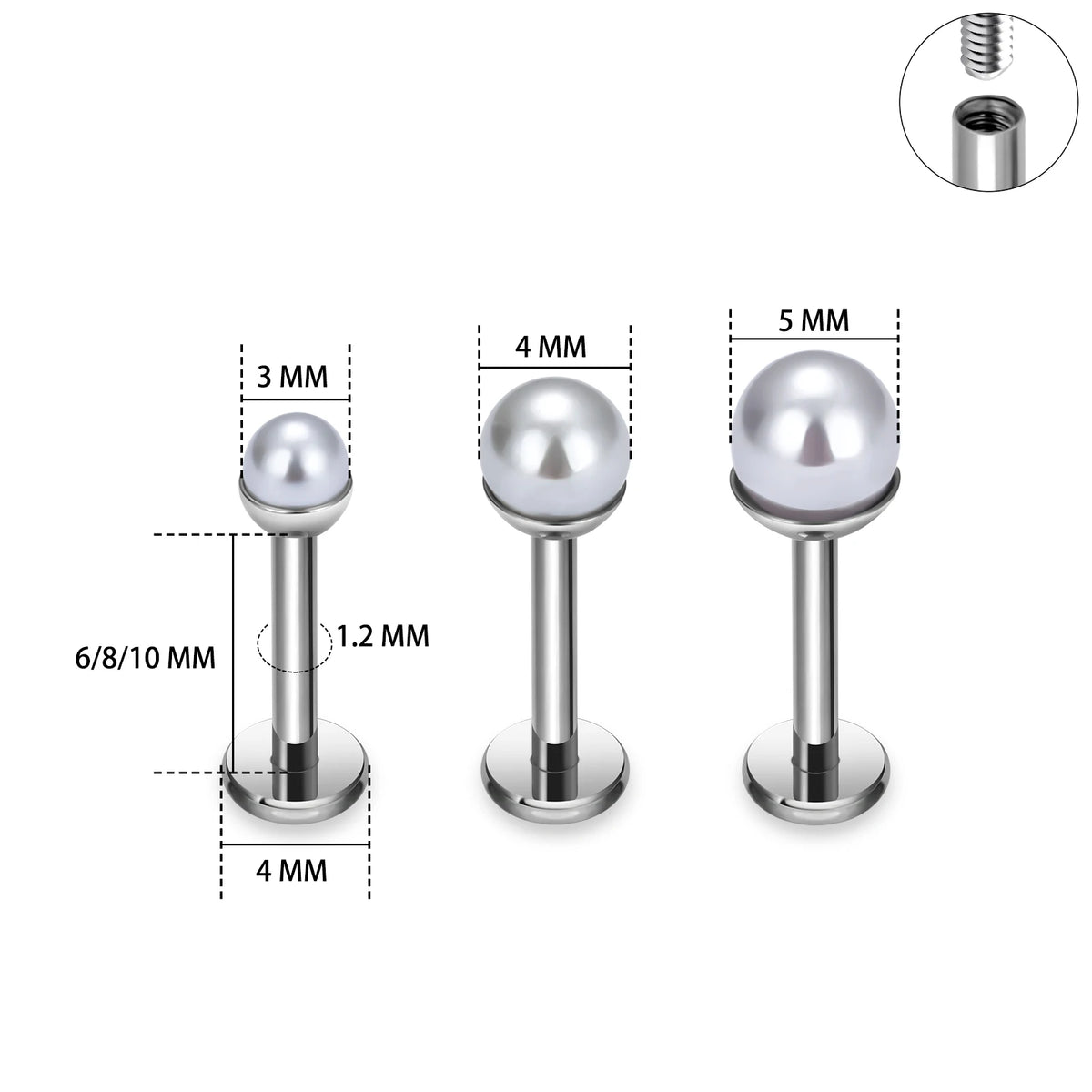 Perlen-Nasenstecker aus Gold und Silber, Titan-Lippenstecker, Ohrstecker 16G