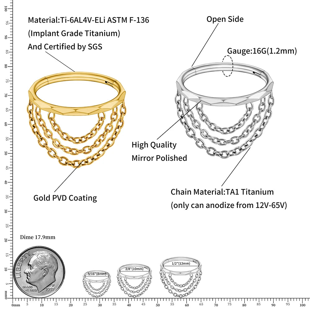 Conch ring met kettingen titanium 16G 10mm 12mm 8mm goud zilver conch oorbel