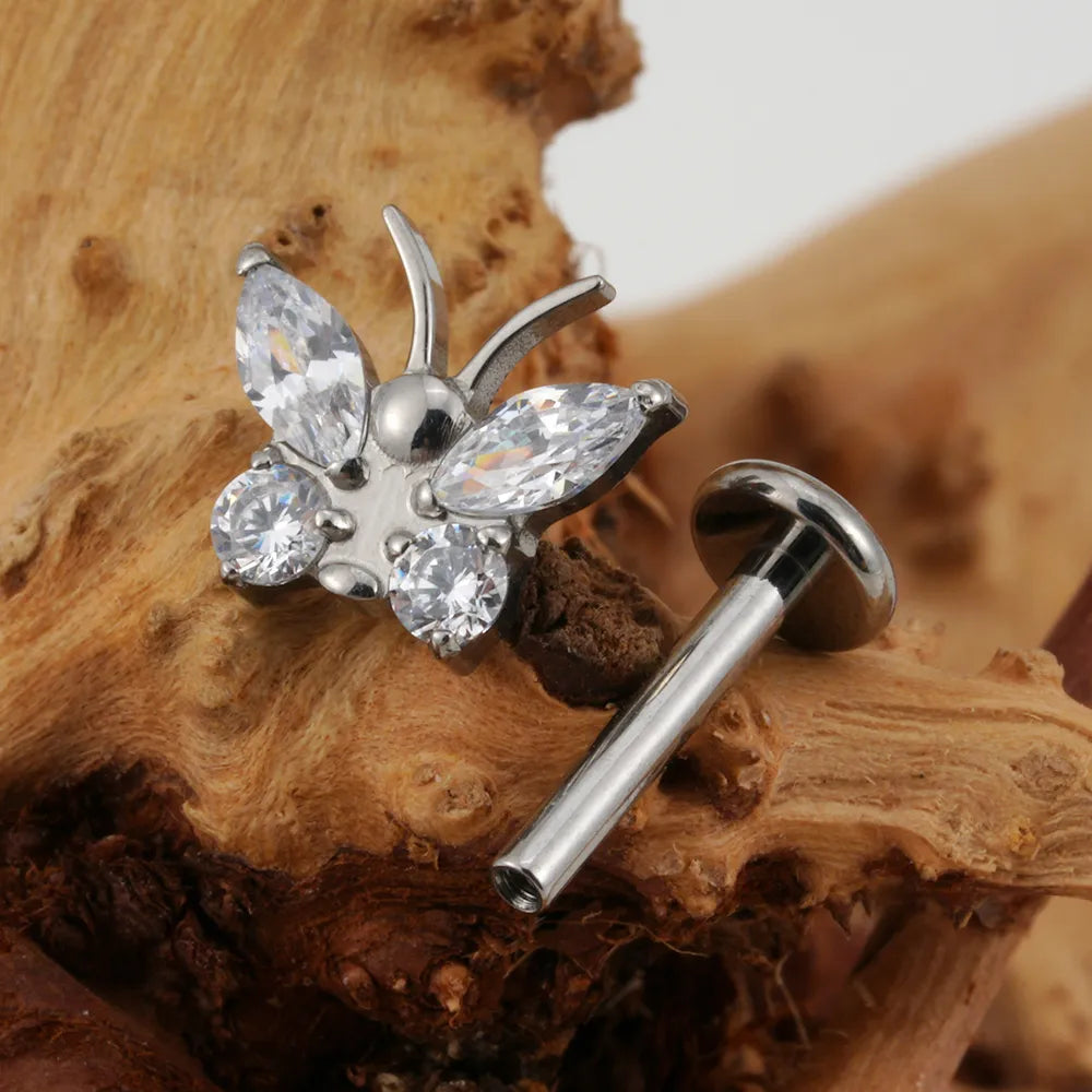 Labret piercing stud cute with a butterfly 16G implant-grade titanium flat back CZ stone