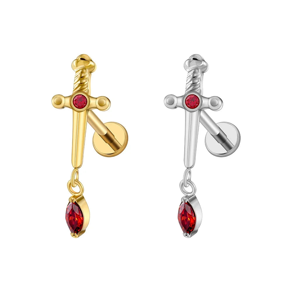 Dagger stud earring with a drop of blood in gold and silver titanium stud 16G