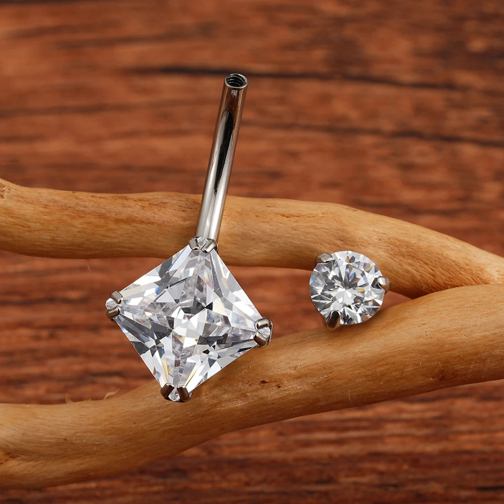 Piercing de umbigo de diamante com piercing de umbigo de titânio com zircônia cúbica quadrada