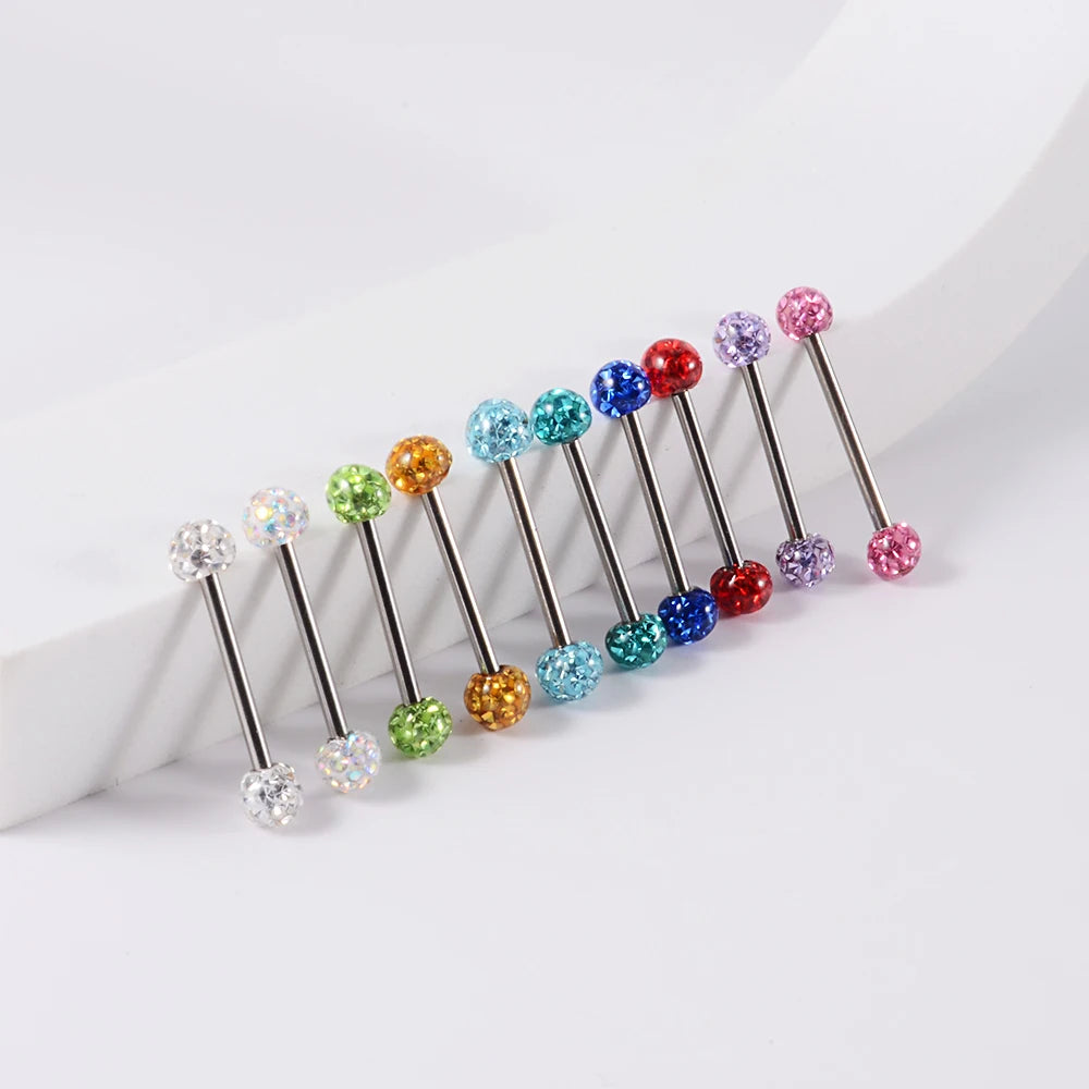 Lindo piercing industrial com bolas de cristal coloridas joia piercing de língua com barra industrial de titânio