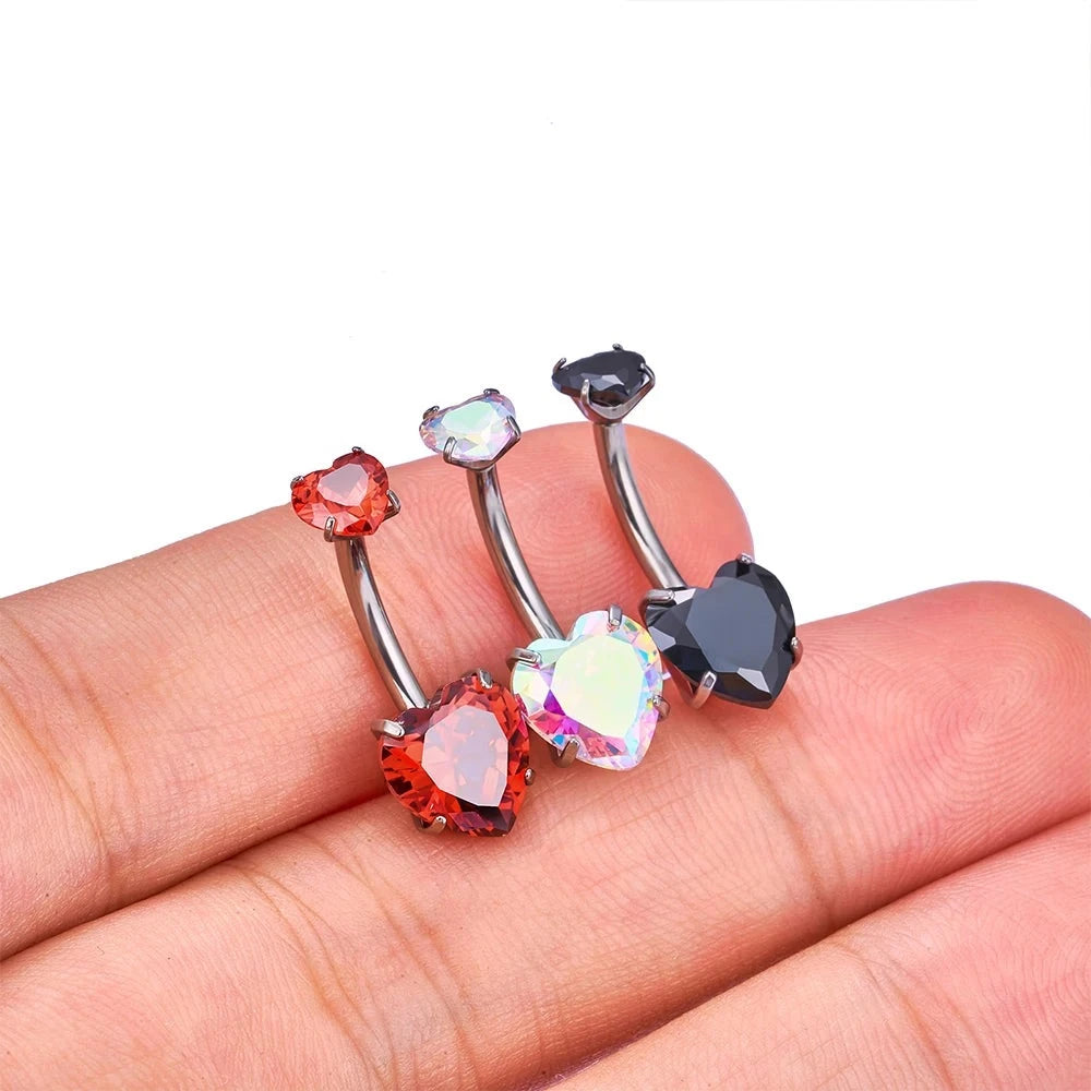 Heart belly button ring with pink clear red purple black CZ titanium heart belly piercing