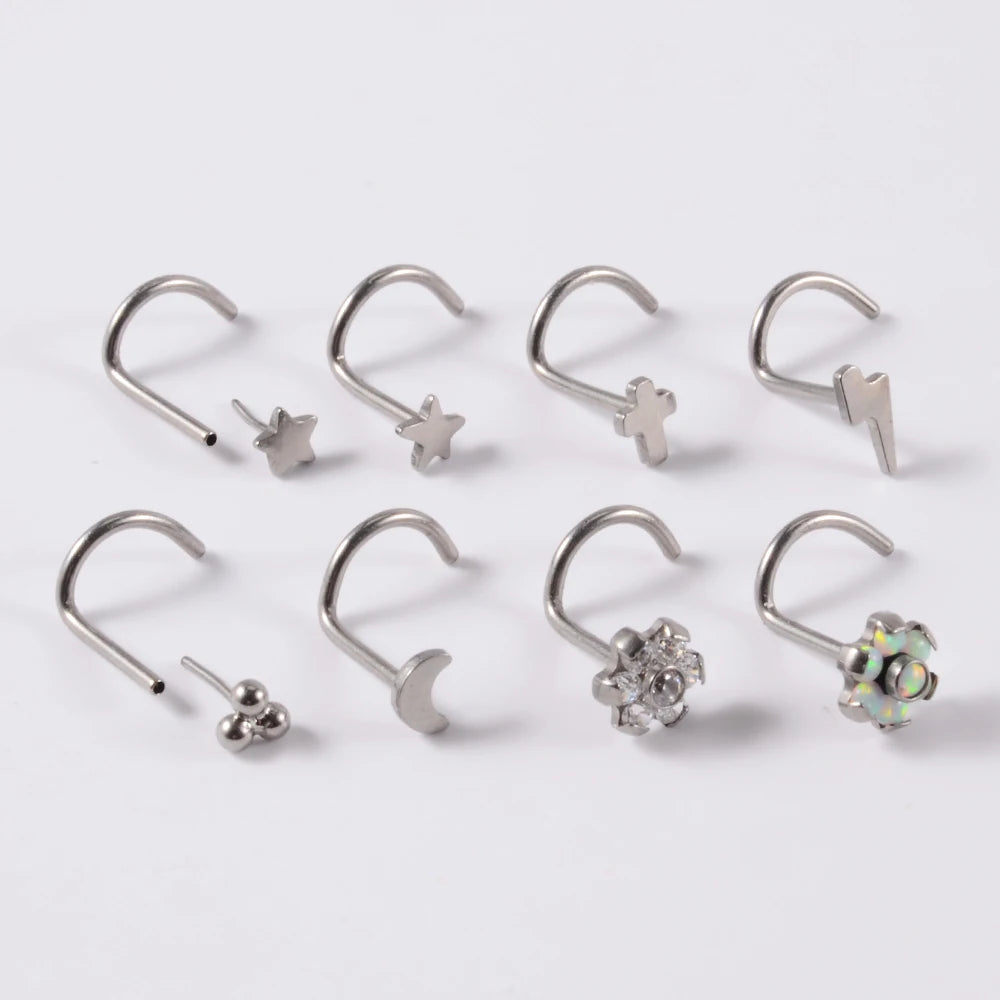 Corkscrew nose stud with 3 dots titanium silver nose ring 20G 6mm