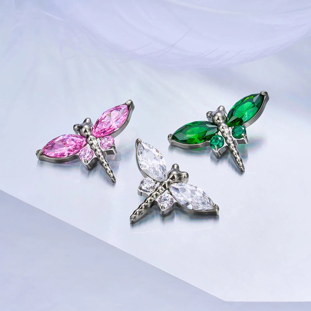 Libellen-Ohrstecker, Nasenstecker, Titan-Piercing-Stecker mit klaren rosa oder grünen Diamanten