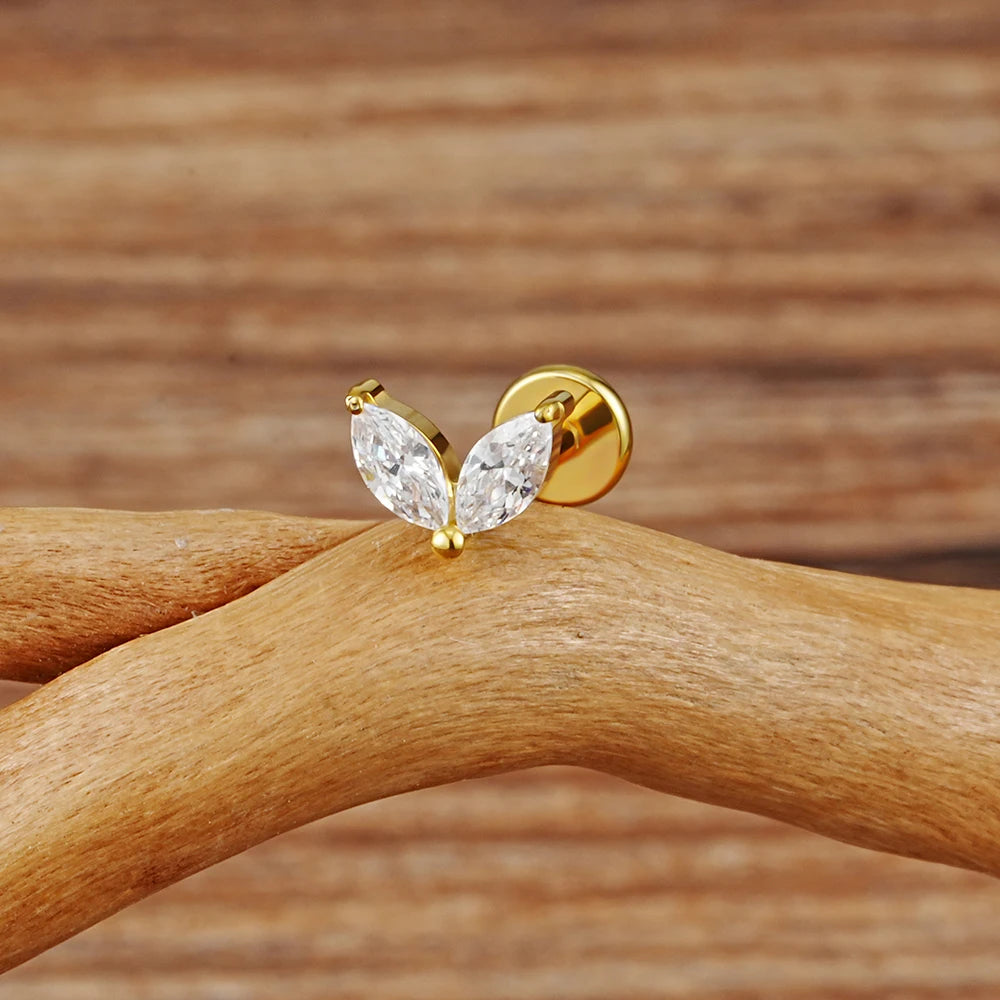 Diamant näsring med två marquise klara cz-stenar, liten och söt titan piercing labret