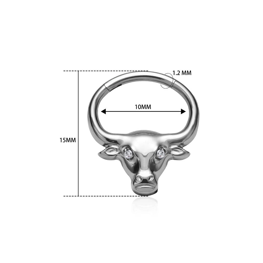 Bull septum ring in black silver gold with clear or red eyes male septum ring titanium