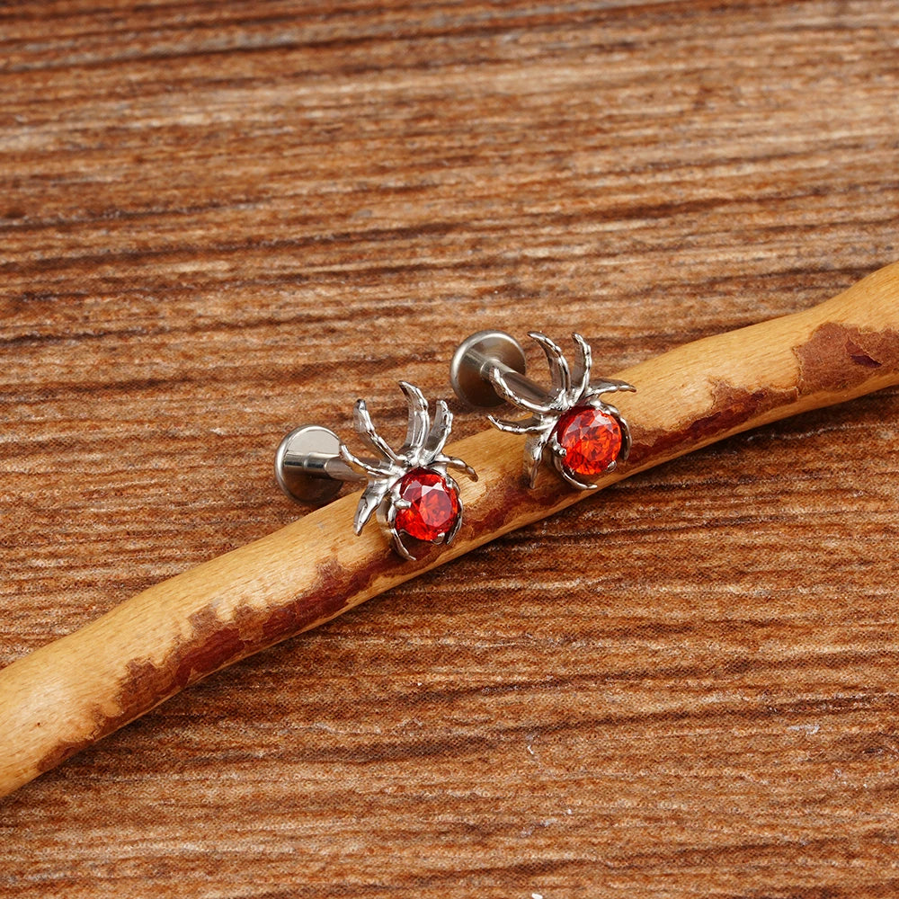 Piercing araignée avec une pierre rouge en argent noir et or Bijoux de piercing Halloween droit clou d'oreille en titane