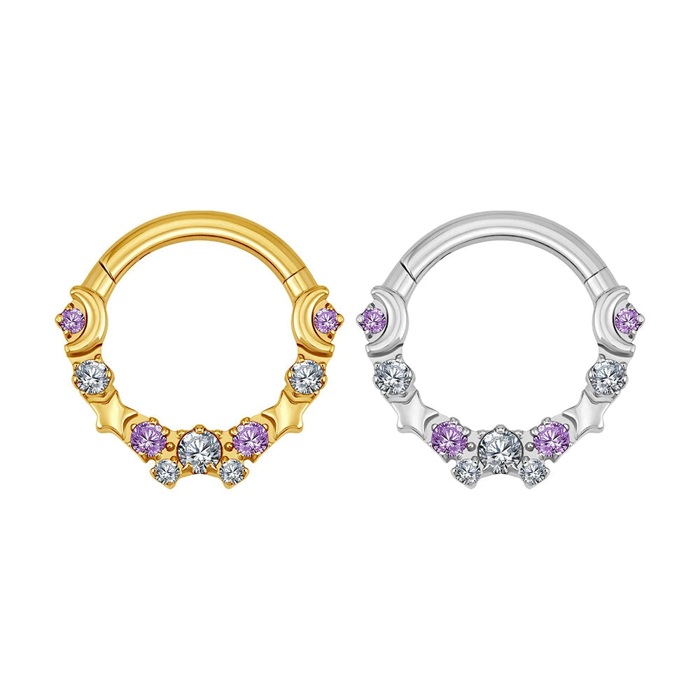 Anel de piercing romântico com pedras roxas, luas e estrelas, elegante e fofo, titânio 16G