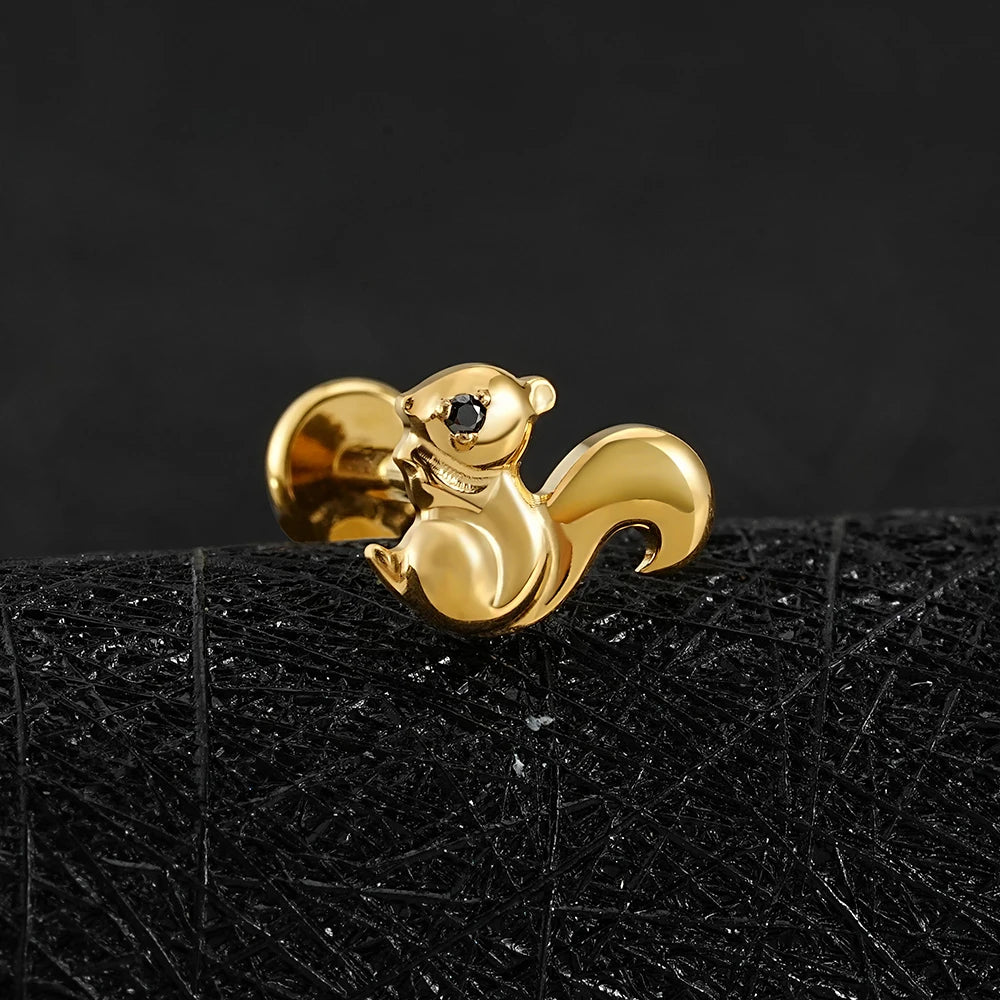 Squirrel piercing with a black stone titanium labret stud animal piercing jewelry stud earring
