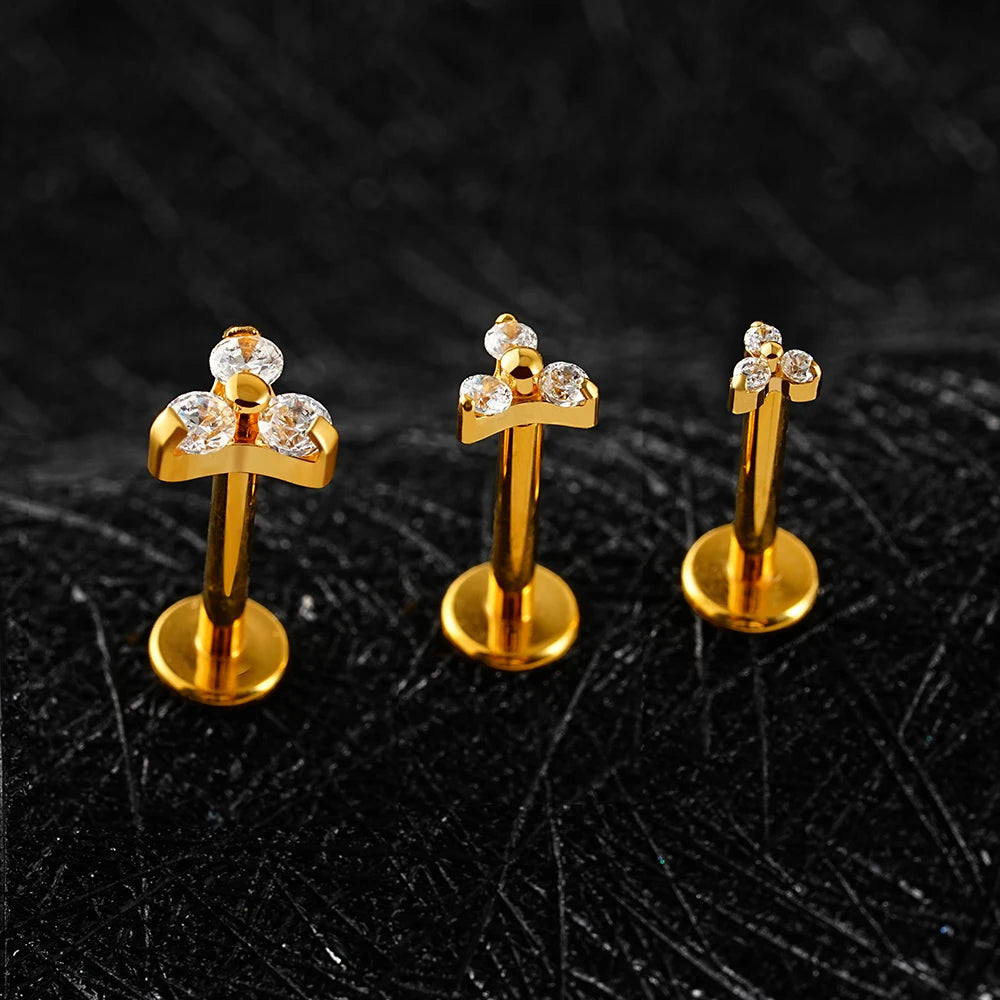 Labret with three dots in multiple sizes with clear cz stones titanium super tiny stud