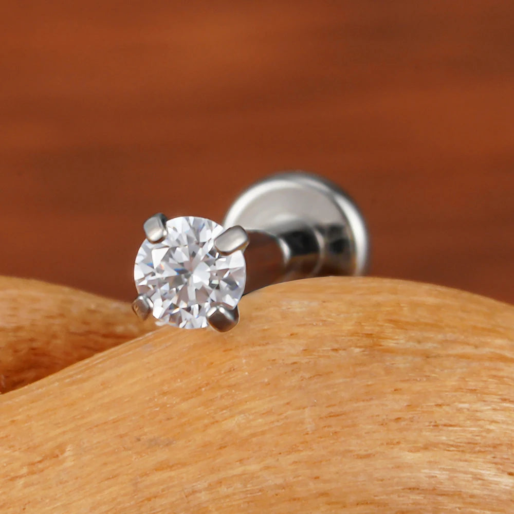 Threadless labret stud with a clear cz stone tiny and simple titanium 18G 16G