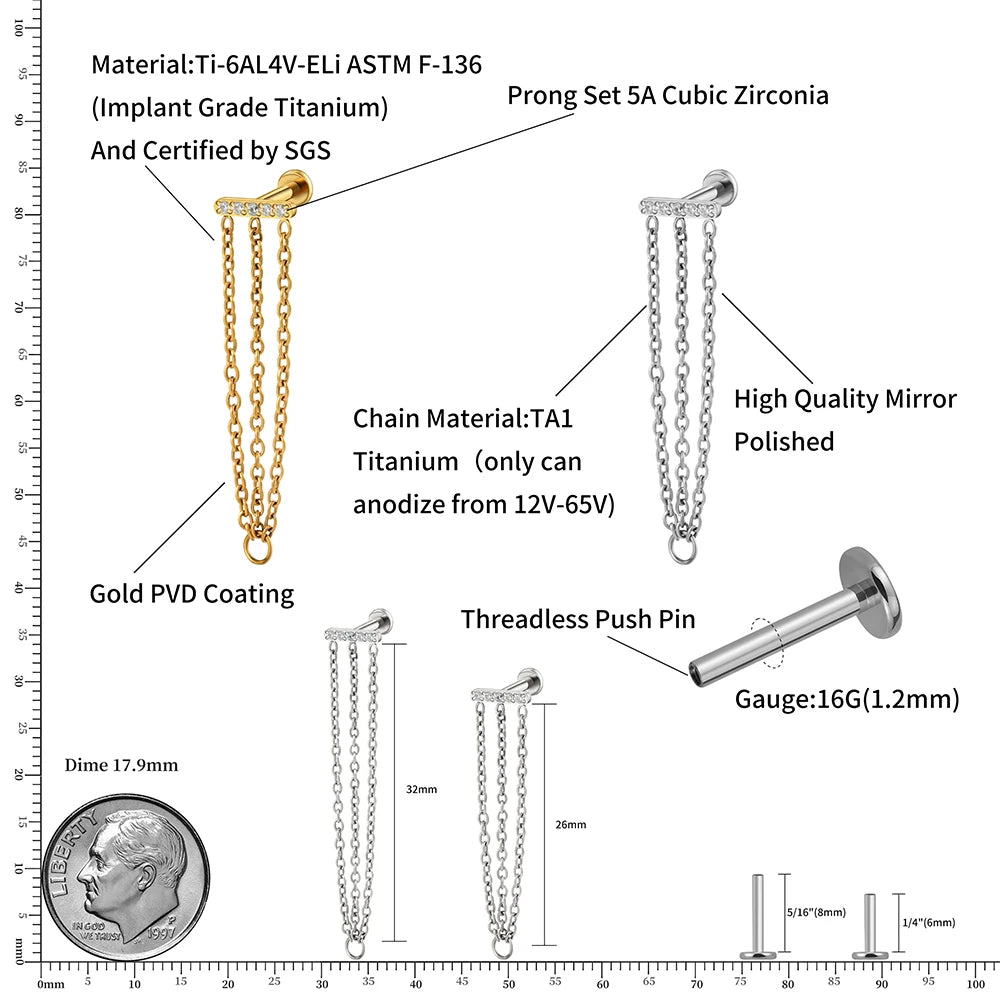 Boucle d'oreille chaîne conque avec trois chaînes et diamants titane 16G clou de conque à dos plat avec chaîne