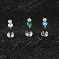 Two-stone earring with clear red green purple or blue diamond cz titanium labret stud