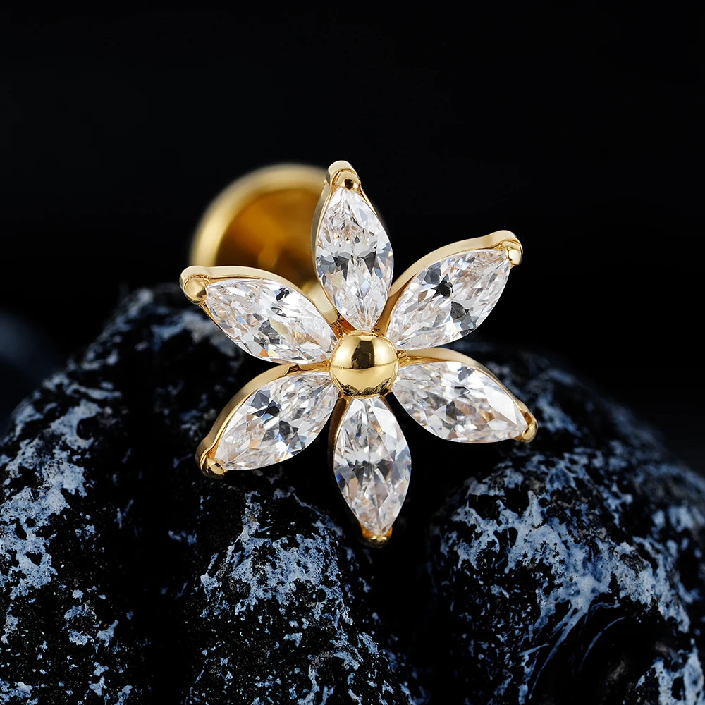 Large flower piercing labret stud with six marquise clear cz stone titanium 16G