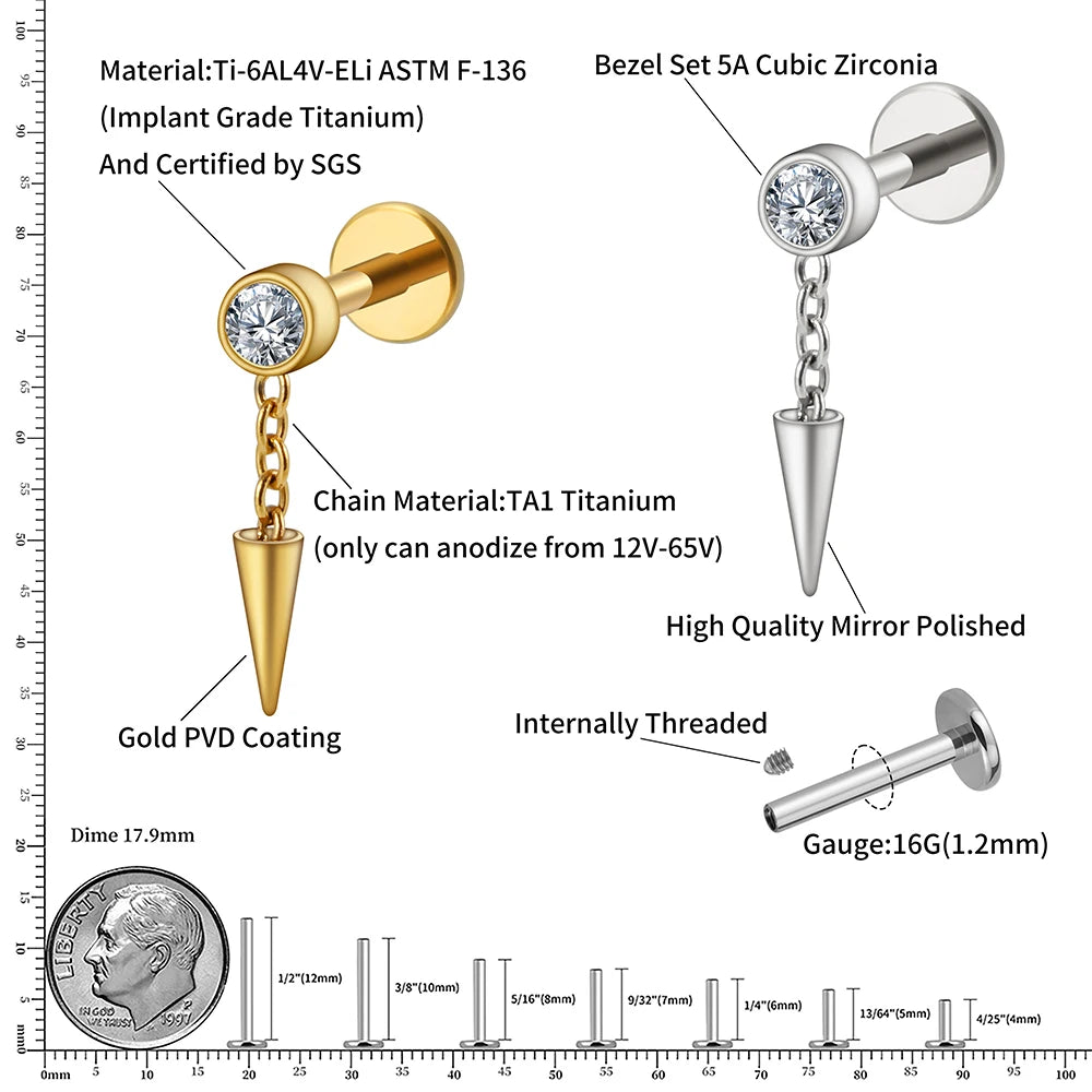 Spike-Helix-Piercing-Ohrstecker aus Titan mit einem klaren Diamanten und einer Kette aus Silber und Gold
