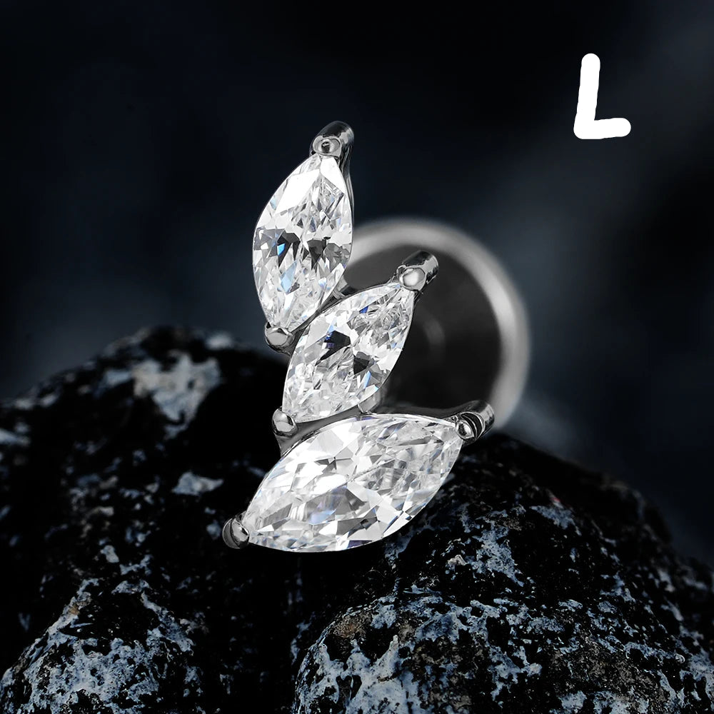 Diamond labret stud with three marquise clear cz stones titanium cluster ear stud
