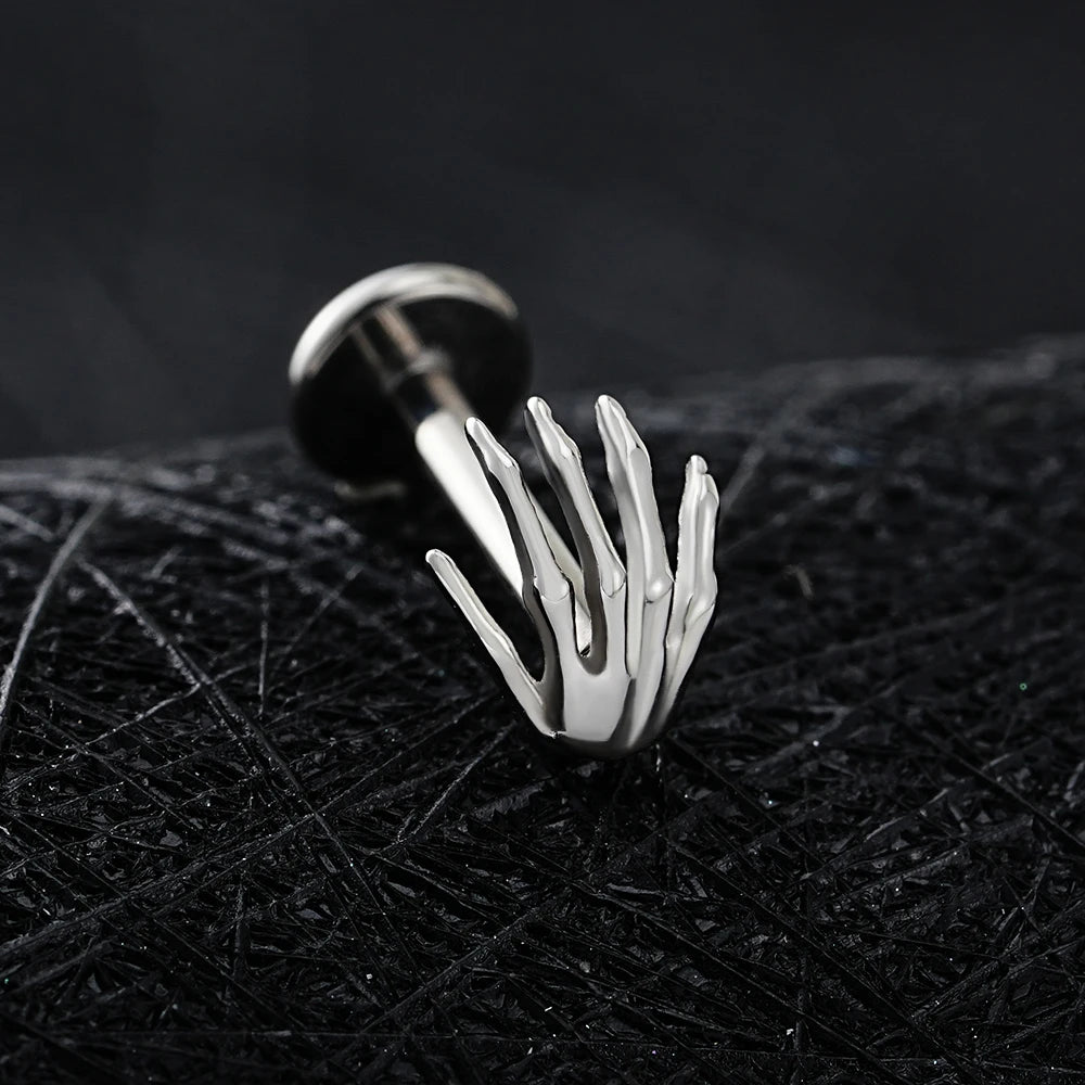 Skeleton hand stud in silver Halloween ear piercing Halloween earing titanium stud 16G