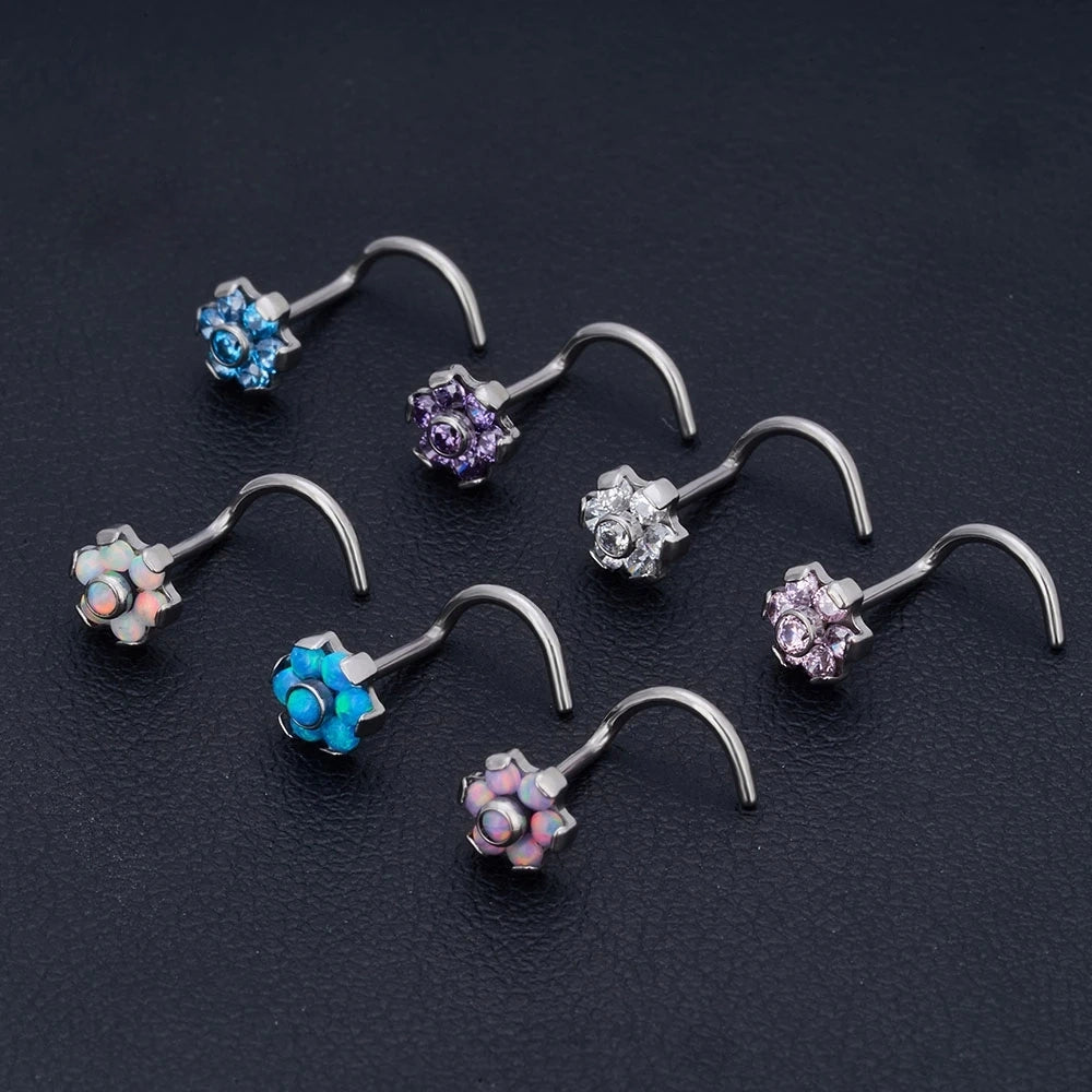 Cavatappi per anello al naso in opale con fiore a bottone in opale bianco rosa blu in titanio 20G