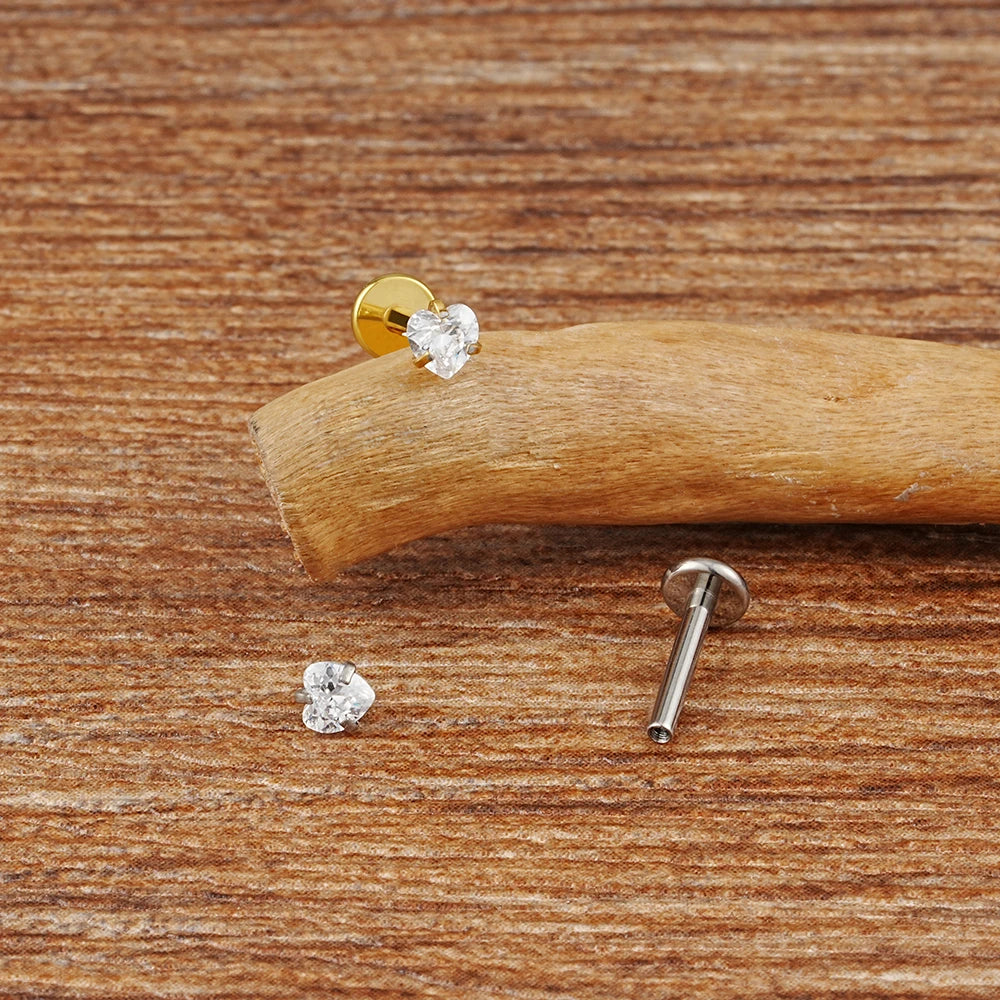 Tiny and simple heart piercing stud with a clear cz stone and titanium 16G nose stud ear stud lip stud