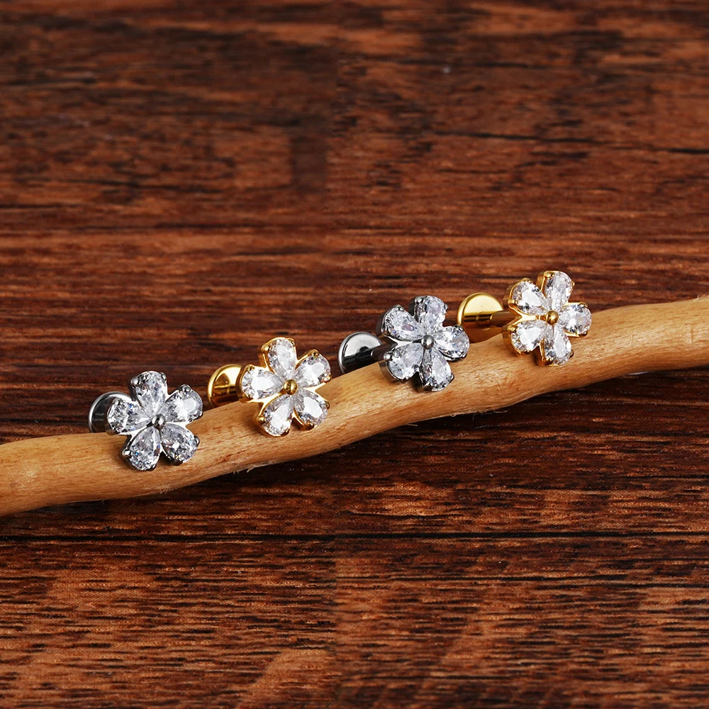 Flat piercing stud in a flower shape with clear cz stones titanium labret stud 16G