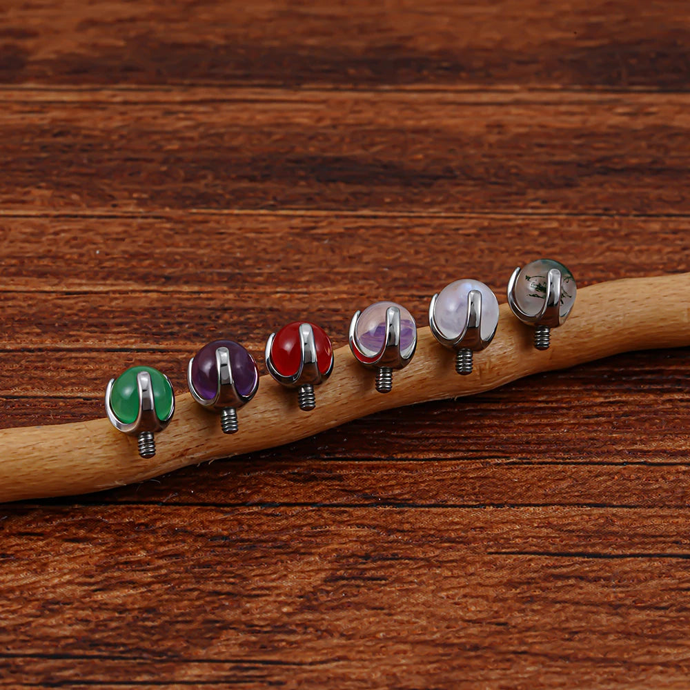 Surface barbell top with natural gemstones 14G 16G titanium internally threaded surface bar top
