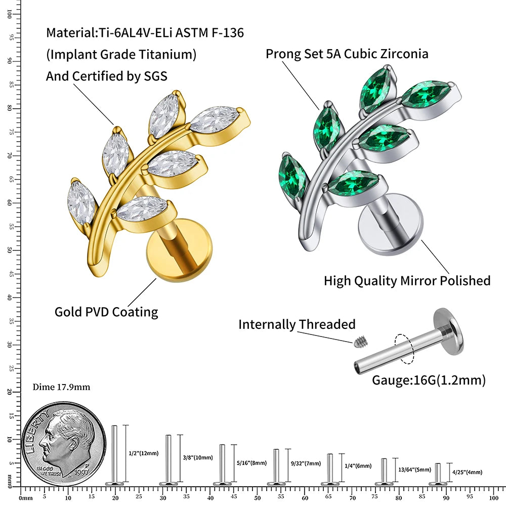 Bladknopoorring met diamanten titanium bladneusknop helix piercing conch stud 6 bladknopjes