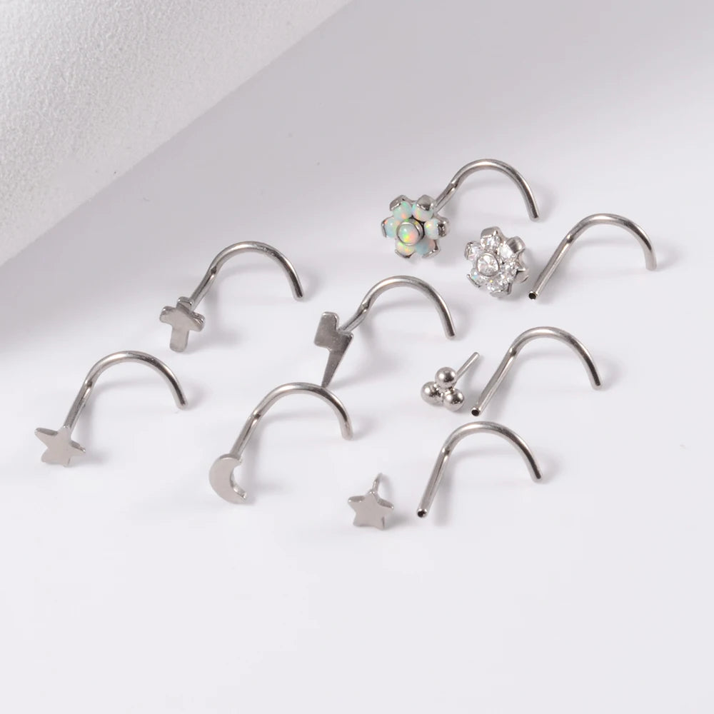 Corkscrew nose stud with 3 dots titanium silver nose ring 20G 6mm