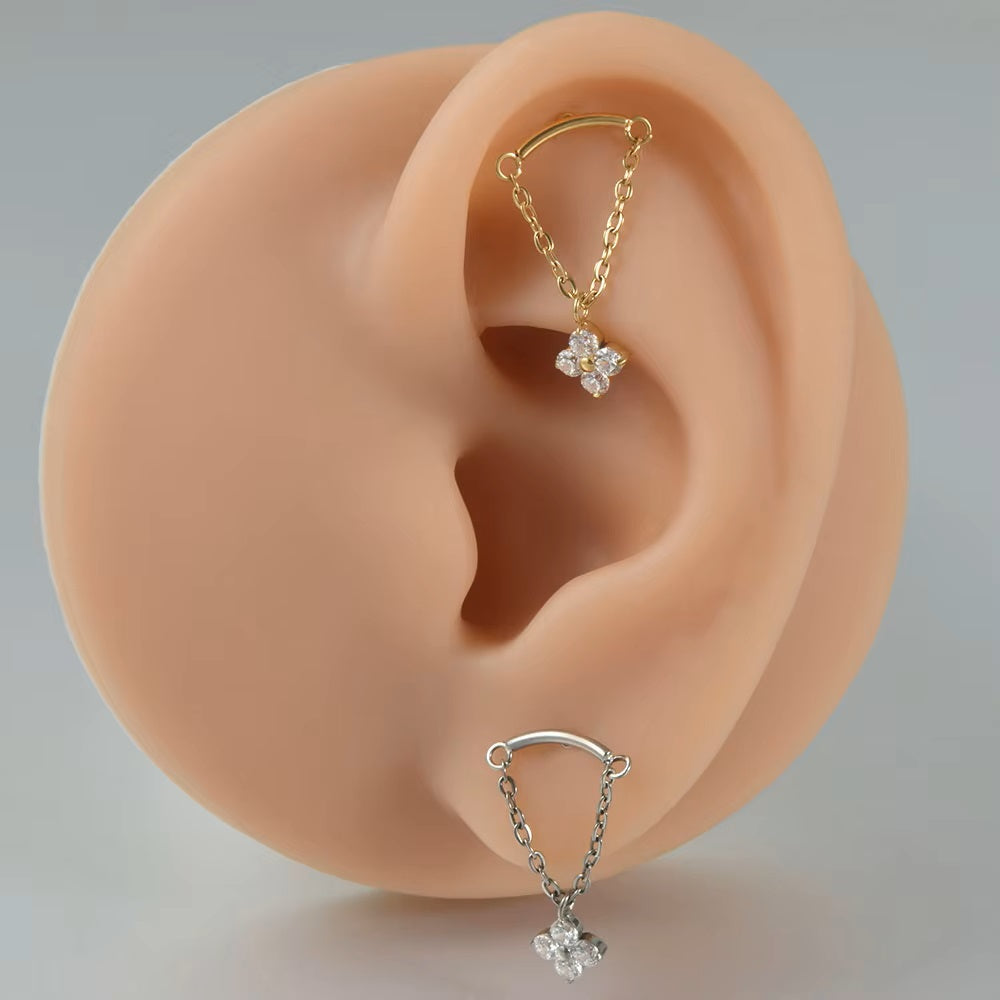 Floating helix piercing with a flower pendant and chains titanium dangle earring 16G