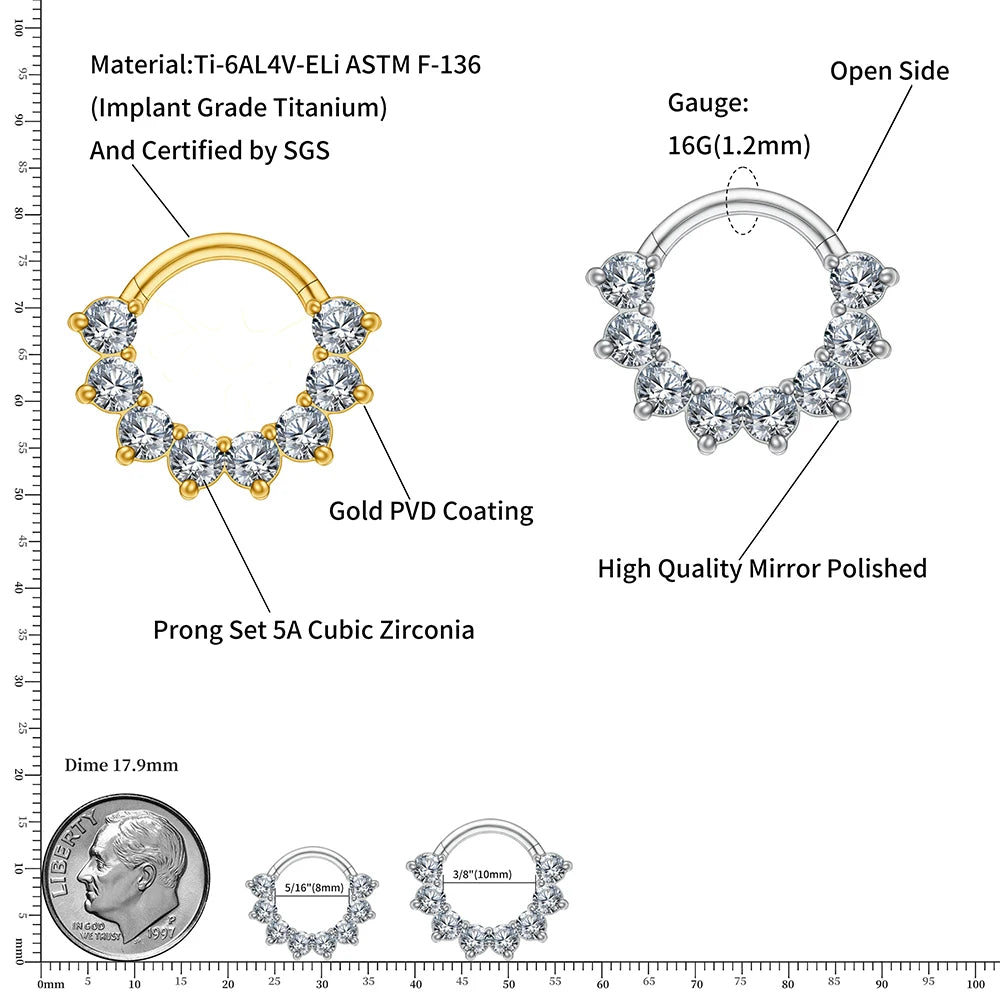 Diamant-Daith-Ohrring aus Gold und Silber, 16 g Titan mit CZ-Steinen, Septum-Klickerring