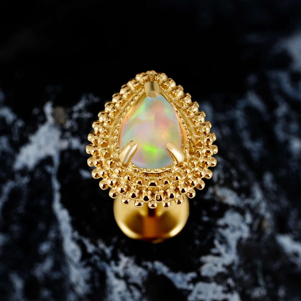 Cute Flat piercing with teardrop opal titanium labret stud 16G vintage style