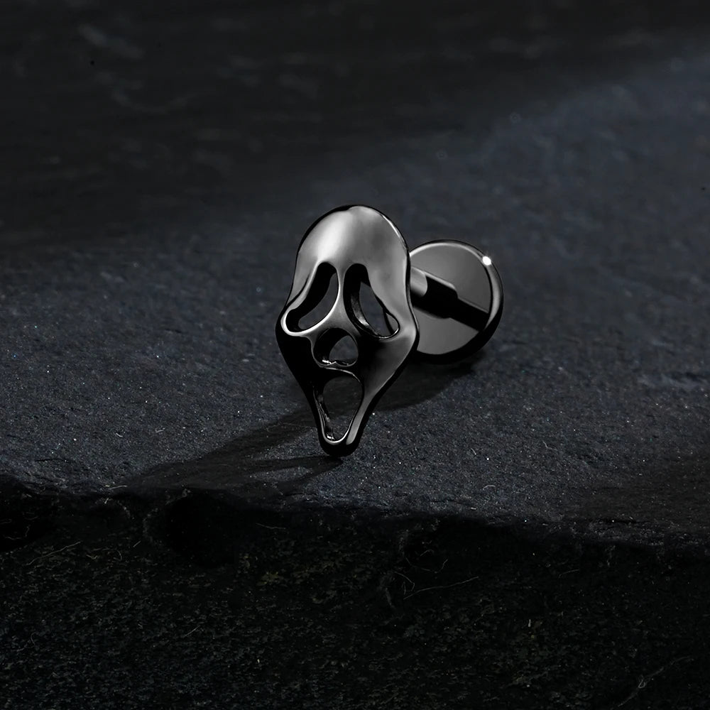 Screaming skull piericng in black silver and gold made of titanium ghost earring Halloween jewelry
