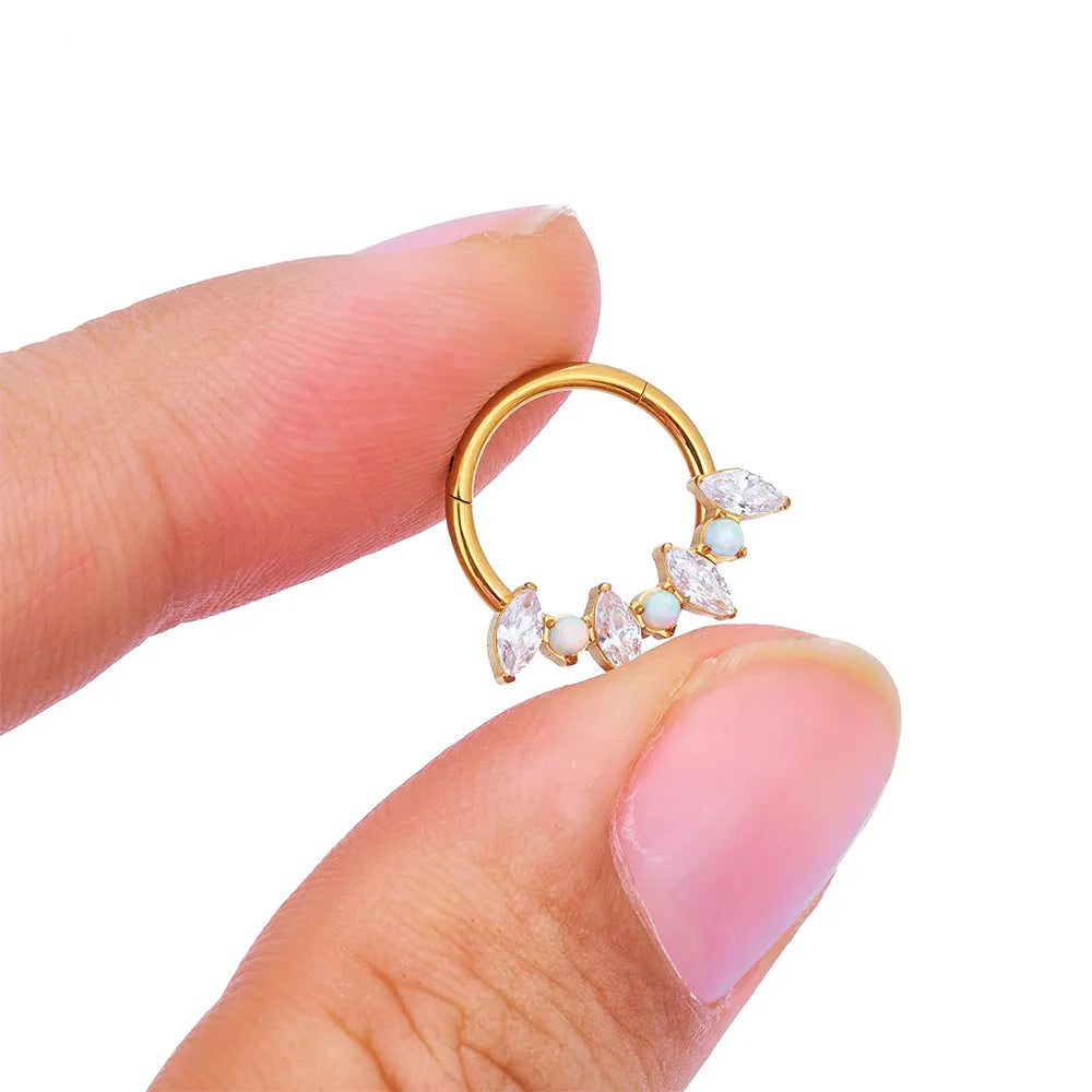 Clicker de tabique de ópalo con anillo de nariz de titanio 16G de plata de oro de ópalo blanco con clicker con bisagras de piedras CZ